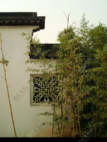 古典园林青砖白墙和竹子图片