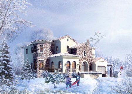 雪中别墅景观图片