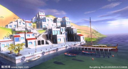 海边小镇场景3D模型图片