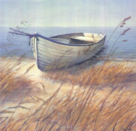 渔船风景油画图片