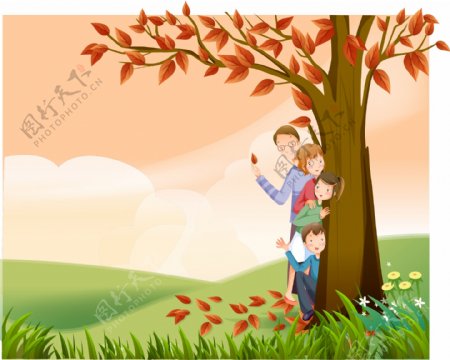 红叶树下的幸福一家人图片