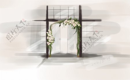 手绘门栏花拱门婚礼素材图片