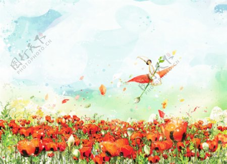 手绘水彩鲜花精灵风景插画图片