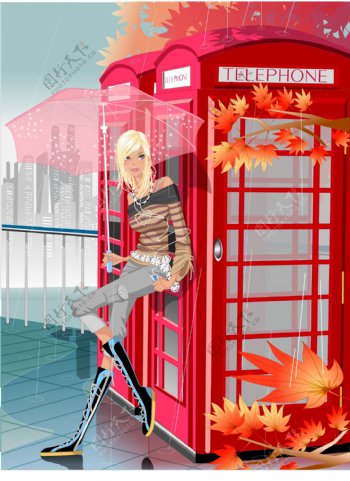 靠在电话亭边打伞的时尚女性图片