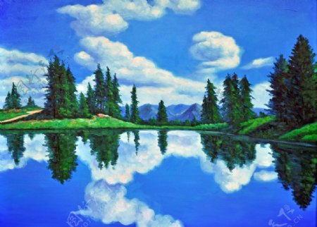 树木湖水风景图片