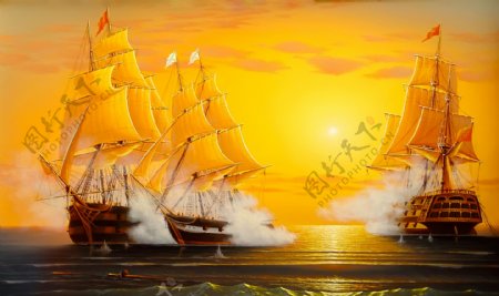欧式海景帆船油画图片