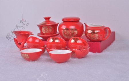 中国红双喜功夫茶具图片