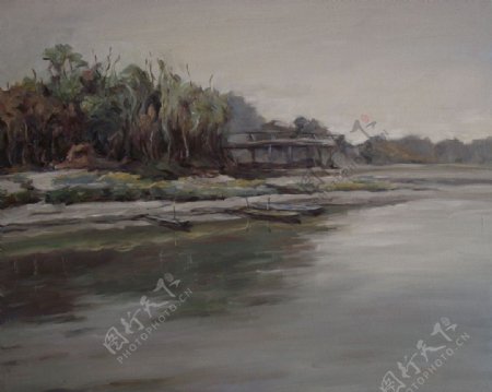 油画写生静静的河滩图片