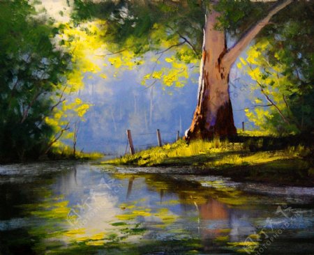 油画河边的树图片