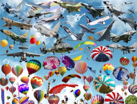 飞机氢气球降落伞素材图片