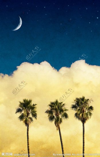 月亮云朵椰子图片