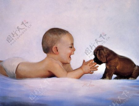 宝宝与狗油画图片