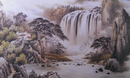 国画山水瀑布图片