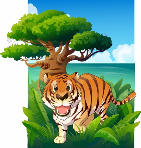 可爱动物绿色森林老虎图片