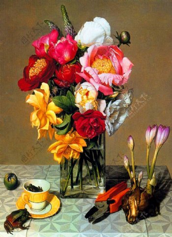 油画玻璃杯中盛开的鲜花图片