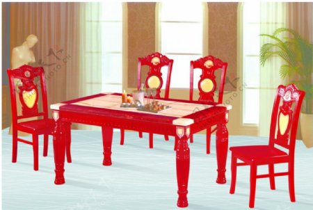 红色餐桌椅图片