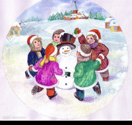 手绘小孩堆雪人图片