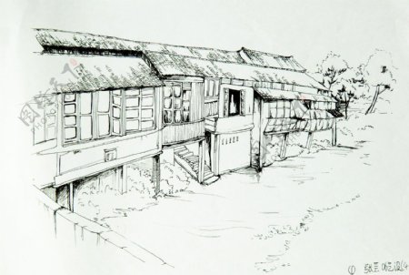 河边老房子手绘图图片