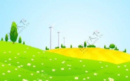 绿草地鲜花风车绿色环保背景图片