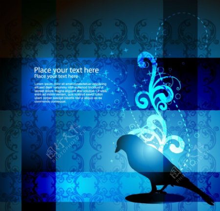 蓝色动感光线古典花纹小鸟时尚优雅背景图片