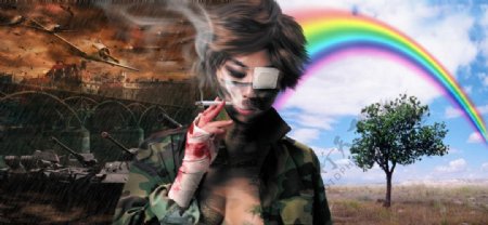 抽烟的女兵图片