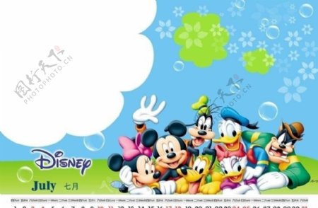 迪士尼儿童日历模板07月图片