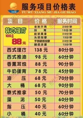 足浴服务项目价格表图片