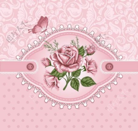 浪漫粉色玫瑰花纹背景蝴蝶图片