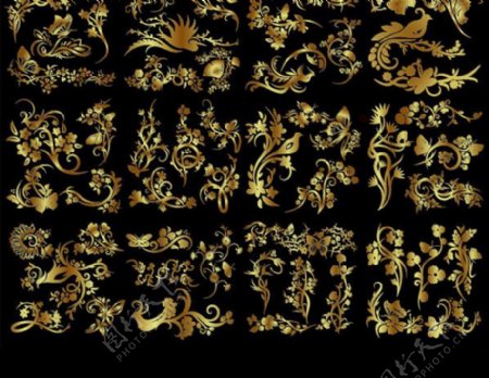 十二款金色花鸟蝴蝶花纹矢量素材图片
