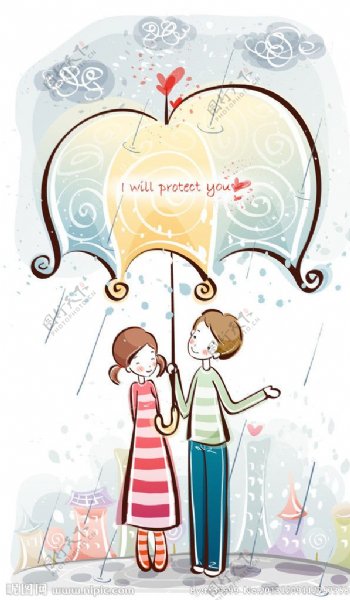 撑着伞在雨中的情侣图片