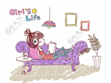 躺在沙发上看书的女孩图片