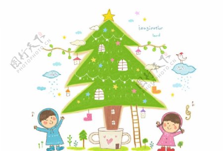 圣诞树下庆祝的孩子图片