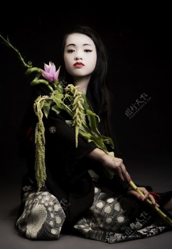 日本艺妓与花枝图片