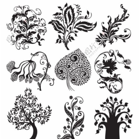 爱心花纹树木装饰设计矢量图片