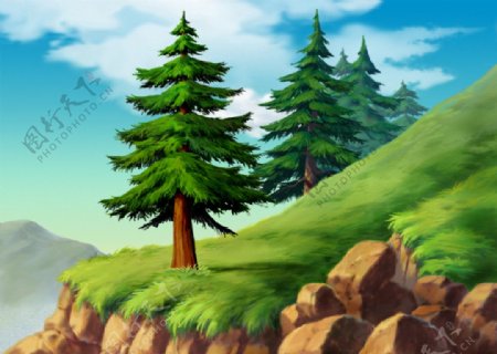 动画背景红杉树山坡图片