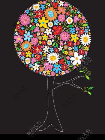 色彩斑斓的花卉组成树木矢量素材图片