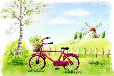 草原自行车风车图片
