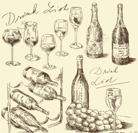 食物线描葡萄酒图片