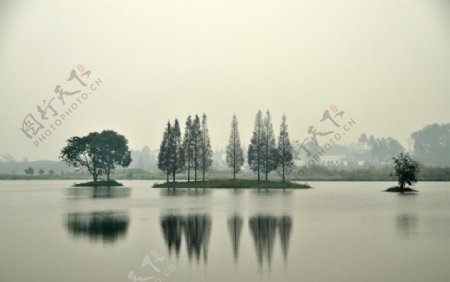 雾霭下的湖中倒影图片