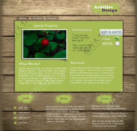 木质背景绿色格调的网页模板图片