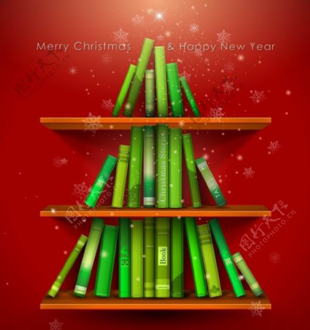 书架上图书摆成的圣诞树图片