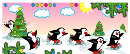 滑雪的企鹅圣诞背景图片