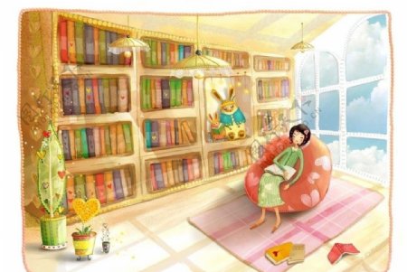 在书房中的小女孩图片