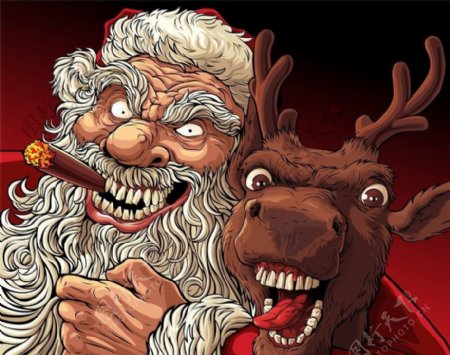 凶恶的圣诞老人和梅花鹿图片