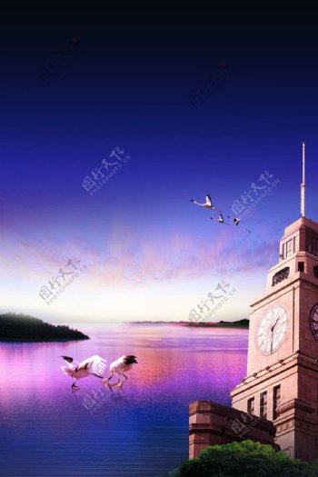湖与钟楼鹤图片