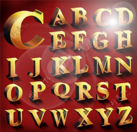 3D立体金色字母ABCDEFGHIJKLMNOPQRSTUVWXYZ图片