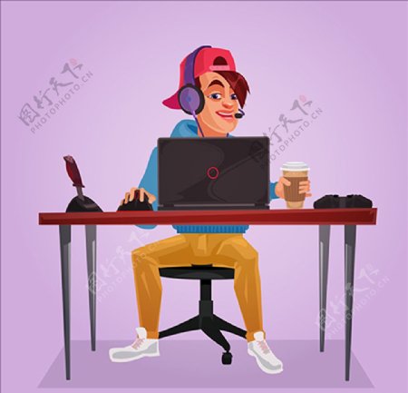 一个坐在笔记本电脑前的青少年