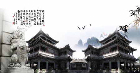 中国古塔文物山水图