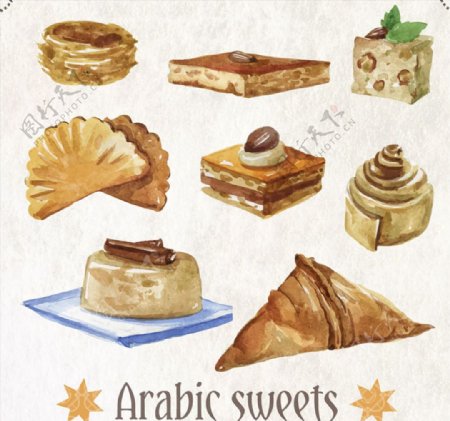 8款水彩绘阿拉伯甜点矢量素材