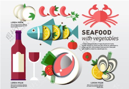 海鲜食品和蔬菜矢量图